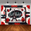 Red and black ladybug Eiffel Tower birthday photography backdrop for party decoration - Ladybug Tower Balloon Style (SBJ-0010) / 150x90cm