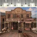 Sfondo fotografico per feste a tema cowboy western con design di taverna e cavallo - Stile Piccola Taverna Western (SBJ-006) / 95x75cm
