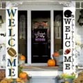 Football themed Halloween porch banners with Welcome and Drink Up Witches greetings - Halloween Football Mashup Style (SDL-008)