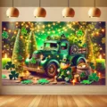 Fondo fotográfico del Día de San Patricio con camión verde, duende y elementos de tréboles. - SBJ-0011 / 95x75cm