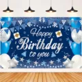 Blue birthday photography backdrop with silver Happy Birthday text and balloon motif - Blue Birthday Theme Style (SBJ-0010) / 95x75cm / Blue