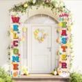 Easter porch banners with Welcome Happy Easter text and rabbit egg decorations - 30x180cm