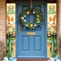 Festive Easter door banners with cute rabbit and flower basket design for porch decoration - 30x180cm