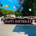 Large black and pink happy birthday banner with balloons and fireworks for outdoor party - 30x120cm (Punched with Rope) / Black Pink