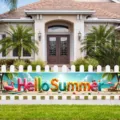 Vibrant Summer Beach Theme Banner with Hello Summer Text and Tropical Elements for Party Decor - Hole Punched Style With Rope / 30x120cm