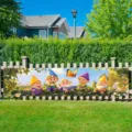 Spring garden banner with cute cartoon gnomes and butterfly print outdoor decor - Punched With Rope / 30x120cm