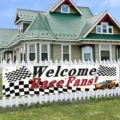 Racefeest banner met geblokte vlag en Welcome Race Fans tekst voor buiten decoratie. - 30x120cm (Met Touw)