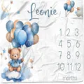 Manta personalizada de hitos para bebés con lindo oso de peluche y globos fotos - Smt–007 / 91x102cm (Piel de Melocotón)