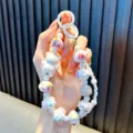 Cute beaded phone strap with white bear and colorful cartoon charms - White