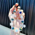 Handmade colorful crystal candy beaded phone chain with black double rings pendant - Black