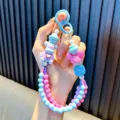 Kleurrijke kralen telefoonkoord met beer hanger en blauwe kralen - Blauw