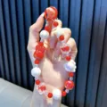 Handmade cute red bunny beaded phone strap and keychain featuring white star and pearl beads - Red