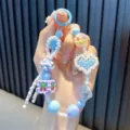 Cute blue building block heart beaded phone chain with cherry cube and floral beads - Blue