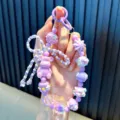 Cute aesthetic purple beaded keychain featuring a bear charm for bags and phone straps - Purple
