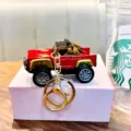 Red alloy pickup truck keychain toy car pendant for bags and keys in a golden finish - Red (Random Gold/Silver Base)