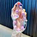 Handmade purple beaded heart phone strap with clear bow detail for bags and keys - Purple Heart Bow Style