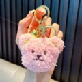 Cute pink plush bear keychain with golden bell and metal lobster clasp accessory - Teddy Bear / Pink
