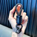 Minimalist black braided rope keychain with leather accent and metal ring for car keys - Black