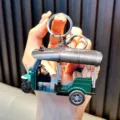 Detailed green miniature pull-back rickshaw model keychain for car keys and kids gifts - Dark Green