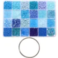 Blue seed and tube beads set in 24 compartments for DIY jewelry making with wire. - Combo Set (with Bracelet Wire Circle + Seed & Tube Beads) / 24 Grids (5g per Grid) / Blue Series