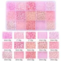 Assorted pink seed and bugle beads 10g per grid in clear organizer for DIY jewelry making - Seed Beads & Tube Beads / 15 Grids / Pink Series