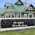 Dekorative schwarz-silberne Happy Birthday Banner mit eleganten Schleifenmustern für Hauspartys - 30x120cm (Mit Seil)