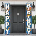 Ζωντανά πανό πόρτας Happy Birthday σε στυλ γκράφιτι για διακόσμηση πάρτι σε εξωτερικό χώρο - Στυλ Μπλε Τοίχου με Τούβλα SDL-001 / 30X180cm