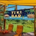 Τροπικό πανό Tiki Bar με φοίνικες και καλύβες για διακόσμηση πάρτι σε εξωτερικό χώρο - 30x120cm (Με Σχοινί)
