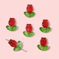 Red glass tulip beads with green leaves for DIY jewelry making, jelly texture beads - 叶子加花组合款 / 10 Pack Set / Red