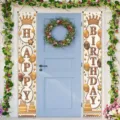 Happy Birthday porch banners with gold crown and balloon designs for festive door decorations - 30X180cm