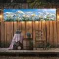 Gran pancarta con estampado de margaritas en valla de madera para jardín - Pancarta con Ojetes / 30x120cm (Con Cuerda)