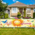 Colorful Hello Summer outdoor banner with smiling sun and butterflies for party decoration - 30x120cm