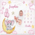 Pink moon and elephant baby monthly milestone photography blanket with name - Pink Moon Elephant (SMT-001) / 91x102cm (Peach Skin)