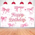 Sfondo fotografico con fiocco rosa ad acquerello e scritta Happy Birthday per festa. - SBJ-002 / 95x75cm