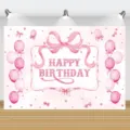 Sfondo fotografico per compleanno con fiocco rosa e testo glitterato scintillante - SBJ-004 / 95x75cm
