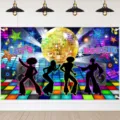 Fond de fête disco rétro des années 70 avec texte Let's Boogie et boule dorée - Style Danseurs Boule Disco (SBJ-006) / 95x75cm / Bleu Violet Irisé