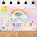 Vibrant rainbow and smiling clouds happy birthday party backdrop for kids photography - Dreamy Cloud Rainbow Style (SBJ-009) / 95x75cm