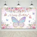 Geburtstag Foto-Hintergrund mit Schmetterlingen und Blumen Happy Birthday - Lila Schmetterling Blumen Stil (SBJ-001) / 95x75cm