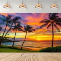 Fondo fotográfico de playa al atardecer tropical con palmeras para decoración de fiesta - Paisaje Natural (SBJ-001) / 95x75cm