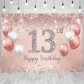 Sfondo fotografico 13° compleanno oro rosa con palloncini e glitter per decorazioni - 95x75cm