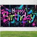 Ζωηρό νέον γκράφιτι Happy Birthday φόντο φωτογραφίας για διακόσμηση αστικού πάρτι - 95x75cm / SY-BJB082