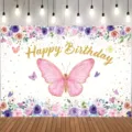 Fond de photographie de joyeux anniversaire thème papillon et fleurs décor - Style Papillon Fleur Violette (SBJ-002) / 95x75cm