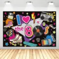 Retro 80s themed photography backdrop featuring vibrant neon pop culture icons for parties - SBJ-002 / 95x75cm