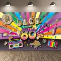 Vibrant 80s themed photography backdrop featuring retro boombox and disco ball icons - SBJ-003 / 95x75cm
