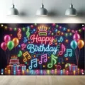 Φόντο φωτογραφίας Happy Birthday με θέμα neon μουσική για διακοσμήσεις πάρτι - Φόντο Γενεθλίων με Στοιχεία Γκράφιτι Πάρτι (SBJ-004) / 95x75cm