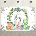 Dinosaurus babyshower fotografie achtergrond met bloemenkrans It's a Boy decoratie - Dinosauriërs Thema (SBJ-003) / 95x75cm