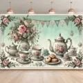 Fond de photographie de tea party vintage avec illustration de roses et de théière pour fête - Style Tea Party (SBJ-001) / 95x75cm