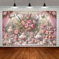 Toile de fond photographie goûter fleuri rose pour décorations de fête d'anniversaire - Style Tea Party (SBJ-002) / 95x75cm