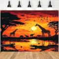 African savanna sunset backdrop with giraffe and crocodile silhouettes for party decor. - Natural African Savanna Animals (SBJ-001) / 95x75cm
