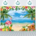 Tropische strand-eiland fotografie achtergrond met flamingo en bloemen voor feestdecor - Flamingo Eiland Stijl (SBJ-0011) / 180x120cm